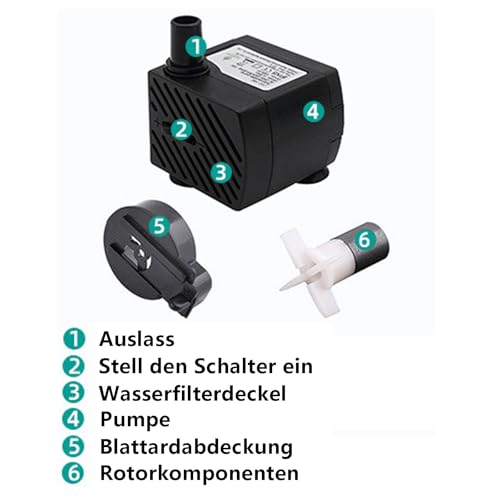 180L/H 3W Mini-Tauchpumpe, Ultra Leise Aquarium Pumpe mit 1.3m Netzkabel，mit 1 Düsen für Brunnenaquarium， Aquarium, Teichgarten EU-Stecker