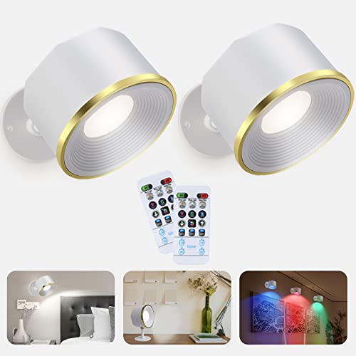 Cyhentoon Wall Sconces Set Of 2, Bedside Reading Wall Light Rechargeable Battery Operated 16 Colors Changeable, Spotlight Brightness Dimmable Magnetic Mounted 360° Rotate With 2 Remote #TOP19