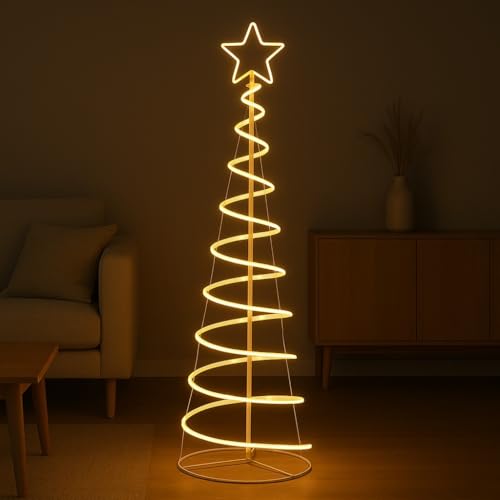 Albero di Natale a Spirale 180 cm con 1200 LED Bianco Caldo Super Bright e Puntale a Stella, da Esterno e Interno con Tubo Bianco, Design Moderno, Decorazione Giardino, Balcone o Salotto