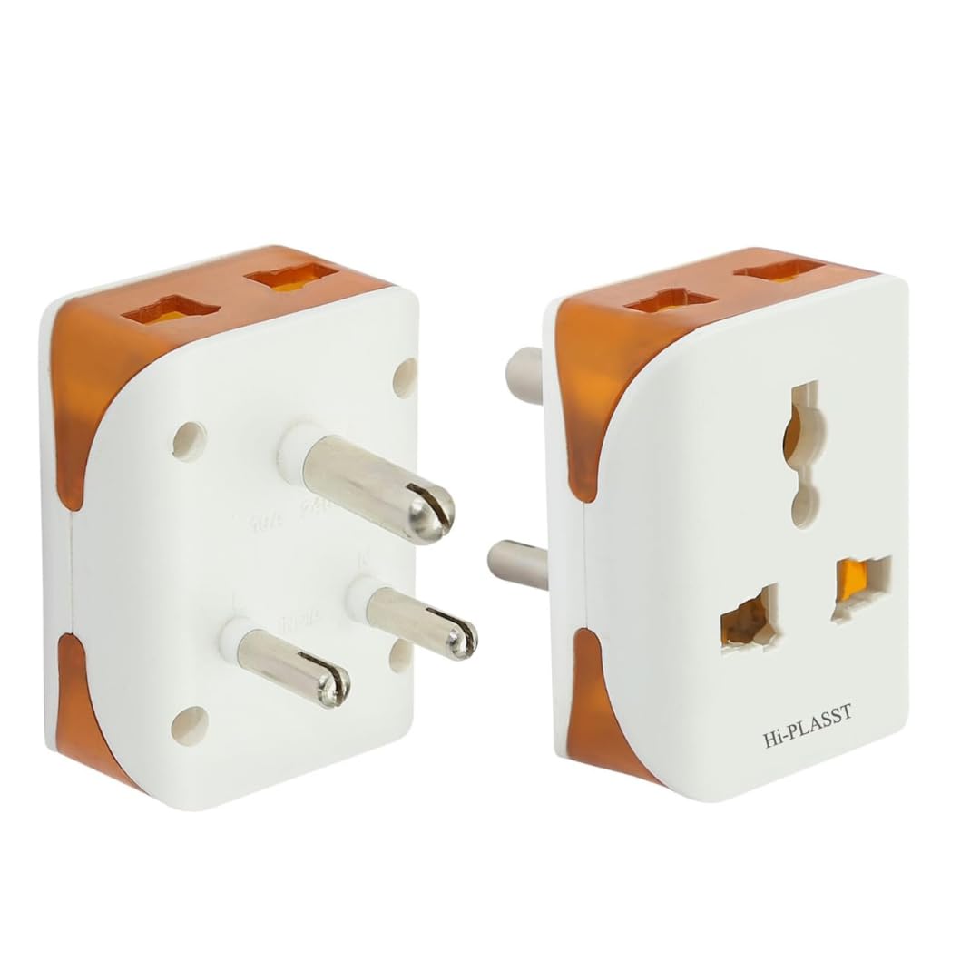 Hi-Plasst Universal 3-Pin Multi Plug with Type D Socket – 2X 2-Pin & 1x 3-Pin Outlets, US/UK/EU to India Travel Converter Plug, 6A for International Devices (White & Orange) (Pack of 2pcs)-image-44