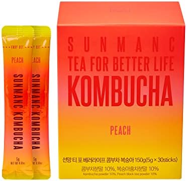 SUNMANC Kombucha 30 packets (5.4oz), Sparkling Probiotic Fermented Drink from South Korea, Gut Health and Immunity Support, Convenient Powdered Drink Mix, Tea Powder, Low Calories, Sugar 0g, Low Caffeine, No Refrigeration Required (Peach)