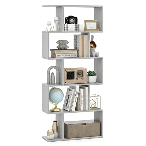 Image of SFAREST 5/6 Tier Bookcase, S-Shaped Bookshelf(Grey,70 x 24 x 158cm)