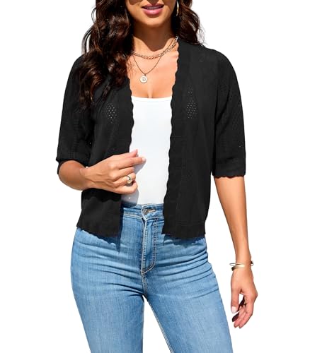 2024 Cropped Cardigans for Women 3/4 Sleeve V Neck Knit Sweaters Short Sleeve Open Front Bolero Shrug