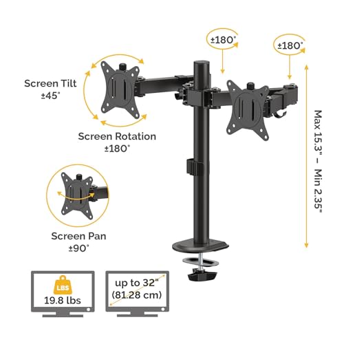 Image of Fellowes Everyday Adjustable Dual Monitor Arm - Holds Two Screens up to 32 inch (inch) Weighing 19.84 lbs Each, Tilt, Swivel, Rotate, VESA 75 /100, Clamp or Grommet Mount, Cable Management