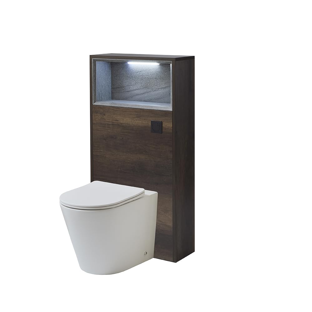 Milano Dark Oak Unit / Black Flush 600Mm Dark Oak Wc Unit Led Lit Shelf Chalk Toilet