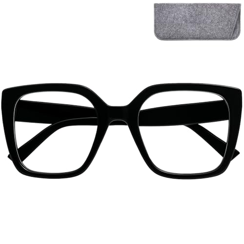 Mini Brille - Gafas Luz Azul Retro y Lentes Grandes Estilo Mariposa, Funda Incluso, Oversize Montura Gruesa Negra, Gafas Para Pantallas de Ordenador Hombre y Mujer +2.0 Dioptrías