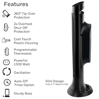 Honeywell HCE317BC Slim Ceramic Tower Electric Space Heater for Bedroom, Office, Home, Oscillates, 2 Heat Settings, Portable, 2-8H timer, Quiet, 1500W/750W, Overheat & Tip-Over protection, Black