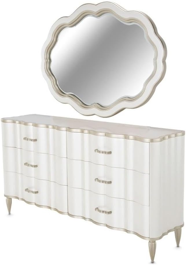 Pemberly Row Transitional Dresser with Mirror, Creamy Pearl Finish, 6 Velvet-Lined Drawers, Cultured Marble Top, Hidden Storage, Platinum Accents, Solid & Manufactured Wood, Elegant Bedroom Furniture