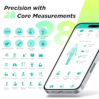 Bilancia pesapersone digitale Runstar, Bilancia smart 8 elettrodi peso corporeo e grasso, BMI, massa muscolare, 28 misurazioni composizione corporea, LCD TFT a colori con maniglia retrattile