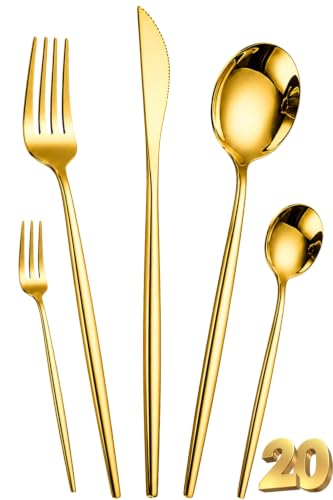 Image of Slim Handle Gold 20 Pcs Stainless Steel Cutlery Set for Dining Table, Dishwasher Safe Glossy Flatware (4 Spoon Set+4 Forks Set+4 Butter Knife+4 Dessert Spoon+ 4 Fruit Fork)