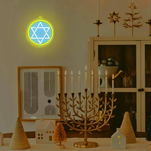 Image of Attivolife Jewish Star Neon Sign, Star of David Hanukkah Decoration for Wall, Chanukah LED Lamp USB Power, Family Guardian Birthday Gifts for Women, Housewarming Gifts