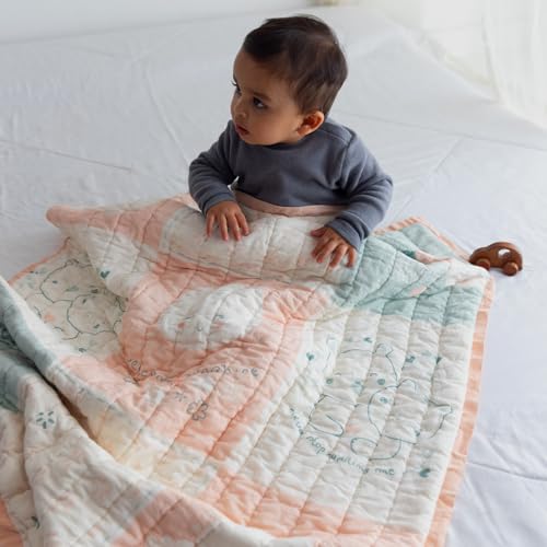 Image of TIDY SLEEP Mulmul Cotton Baby Blanket - Super Soft & Lightweight Comforter for Newborns & Toddlers (0-2 Years) - Jaipuri Razai, All-Season Use, 110x90 cm - Feelings Print