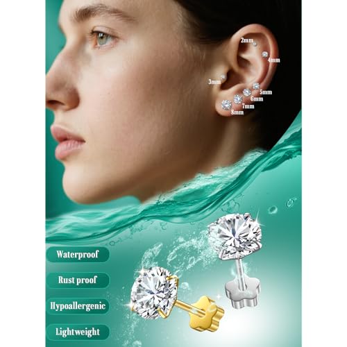 7 Pairs Hypoallergenic Stud Earrings Stacks Set for Women Men,Silver 20G 14K Gold Plated Surgical Steel Flat Back Earrings for Sensitive Ears,Shine Cubic Zirconia 2-8mm For Multiple Piercing4