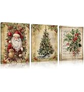 DSHFG Vintage Christmas Wall Decor, Christmas Santa Trees Wall Art Canvas Decor Set of 3, Merry C...