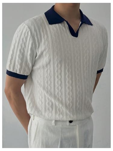 Men's Textured Short Sleeve Knit Top Sweater Lapel Collar V Neck Pullover Sweaters3