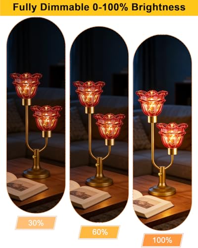 Image of Lightdot Mid Century Modern Flower Table Lamp Vintage Pink Lamp Dimmable | Nightstand Lamp Glass Gold Desk Lamp 2 Bulbs Included Warmwhite Ambient Bedside Lamps for Living Room Bedroom Home Decor Gift