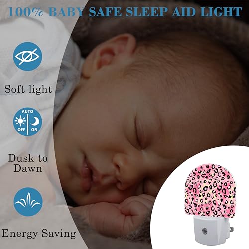 Image of Plug in Night Lights Pink Watercolor Leopard Skin Nightlight Plug Into Wall Dusk to Dawn Sensor LED Night Light for Kid Girls Boys Room Decor, Hallway, Kitchen, Bathroom, Nursery, Stairs