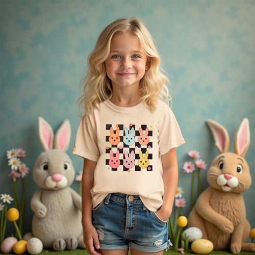 Image of CM C&M WODRO Kid Girl Easter T-Shirt Cute Bunny Flower Checkered Print Tees Summer Short Sleeve Shirt Tops 7-12 Years