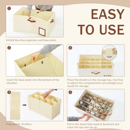 Image of INSTY Shoe Organizer for Closet Fit 24 Pairs, Large Foldable Shoe Storage Containers Box Bin w /Adjustable Dividers and Clear Cover, Space Saving Shoe Storage Organizer Box, Beige