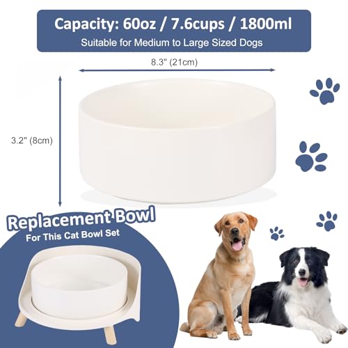 Hundenapf aus Keramik für Mittelgroße und Große Hunde - Schwerer, Tiefer Fressnapf für Futter oder Wasser - 1800 ml - Weiß