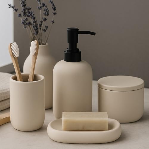 Ceramic Bathroom Accessories Set 4 Pcs – Modern Scandinavian Neutral Bathroom Soap Dispenser Set with Toothbrush Holder, Soap Dish & Cup – Minimalist Bathroom Accessory Set Decor - Cream/Light Beige - Image 2