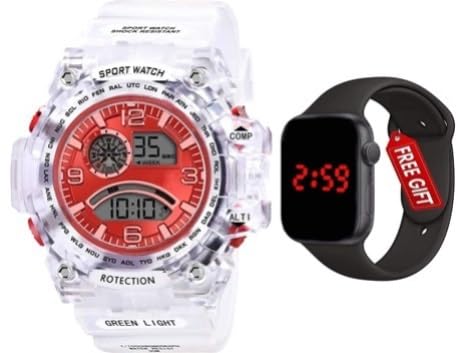 Acnos Rubber Premium Brand-A Digital Watch With Square Led Shockproof Multi-Functional Automatic Red Dial White Strap Waterproof Digital Sports Watch For Men's Kids Watch For Boys-Pack Of 2