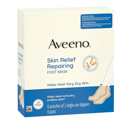 Kenvue Aveeno Skin Relief Repairing Foot Mask, Moisturizing Socks with Prebiotic Oat & Shea Butter for Very Dry Skin, Foot Care for Sensitive Skin, Fragrance-Free, Value Pack, 6 Pairs of Single-Use Slippers