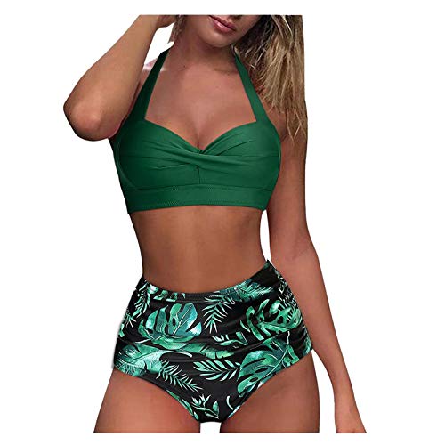 Traje de baño vintage de dos piezas de bikini fruncido, estampado retro, cintura alta, tankinis, conjunto de traje de baño de manga larga, traje de baño bohemio de verano, ropa de playa, verde, L
