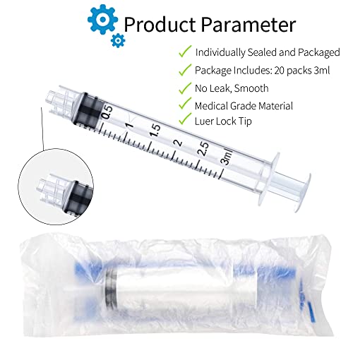 3ml Luer Lock Syringe 20-Pack Plastic 3ml Syringes with Luer Lock Tip, Individually Sterile Sealed, No Needle (3ML, 20.00)