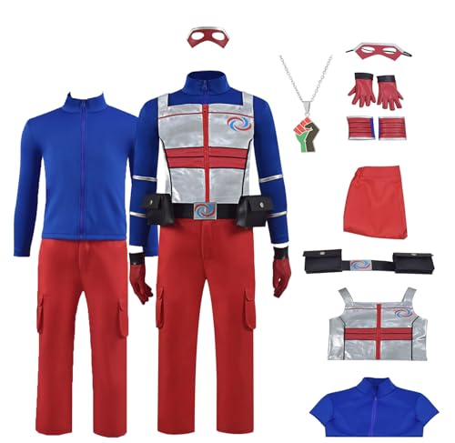 Goecjnvm Henry Danger Costume Jacket Vest Pants Gloves Battle Uniform Men Danger Cosplay Jacket Eye Mask for Halloween (Blue Red (Boys) Large)