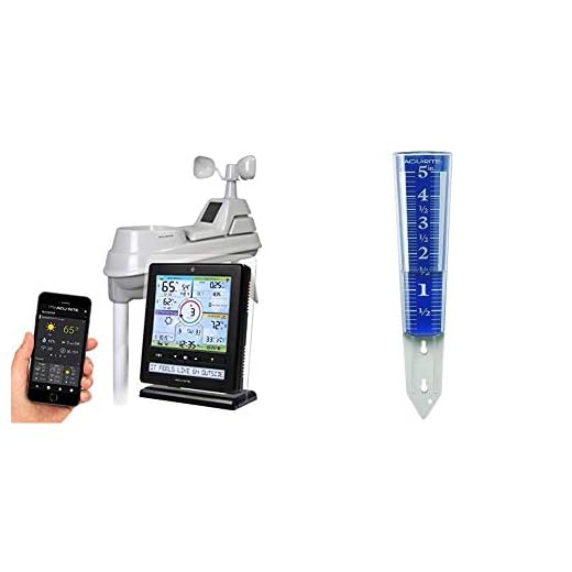 AcuRite Wireless Home Station (01536) with 5-1 Sensor and Android iPhone Weather Monitoring & 00850A2 5-Inch Capacity Easy-Read Magnifying Rain Gauge, Blue,12.5-inch