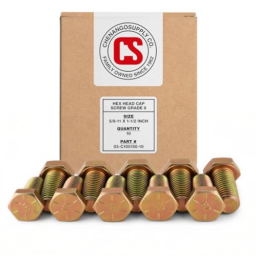 Image of Chenango Supply 5 /8-11 x 1-1 /2 inch Grade 8 Hex Head Cap Screws | Alloy Steel Hex Bolts, 150,000 PSI Tensile Strength, Yellow Zinc Chromate Finish, USS Coarse Thread Fasteners (10 Pack)