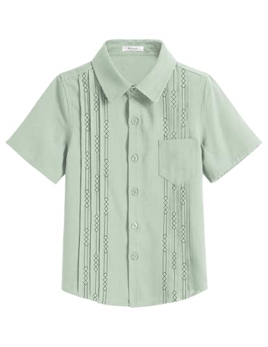 Arshiner Jungen Hemden Kurzarm Leinen Sommer Casual Besticktes Shirt Regular Baumwolle Party Freizeit Hemd für Kinder 12-13 Jahre Grün
