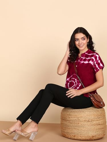 Image of Maaesa Women Handmade Regular Fit Tie-Dye Rayon Top | Casual Wear & Office Wear | Short Sleeve | Mandarin Neck | Lightweight & Breathable Fabric