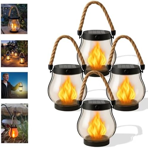 Kaliqo Solar Lantern Outdoor Lights, Dancing Flame Solar Lantern Outdoor Lights, Hemp Rope Flame Lamp, for Camping Pathway Yard Patio Porch Garden Decor (4Pcs)