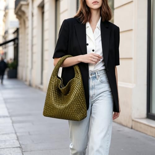 Image of Woven Tote Bag For Women, Large Vegan Leather Travel Handbag, Casual Work Shoulder Bag, Underarm Commuter Hobo Bag With Purse