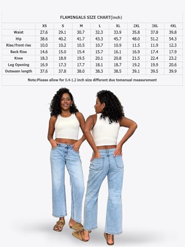 Flamingals Women’s Mid Waist Wash Stretchy Straight Leg Jeans Stylish Hem Design Casual Long Denim Pants2