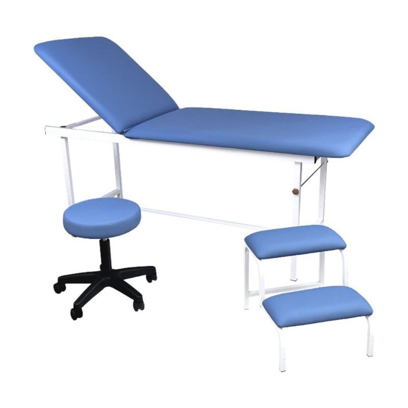 PLUS SANTE - Pack Table d'Examen Médicale Zelia avec Tabouret et Marche-Pied Inclus, Manuel avec Verin à Gaz, Largeur 75 cm (Bleu)