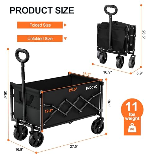 Image of SYOCYO Collapsible Wagon Cart 220lbs Beach Foldable Wagon Lightweight & Portable Folding Utility Grocery Shopping Carts with Wheels for Shopping Garden and Sports