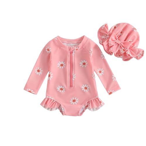 Loalirando Ensemble Maillot de Bain Bébé Fille Anti-UV avec Imprimé Marguerites, Haut Zippé et Bonnet Assorti (6 mois-3 ans) (Rose, 9-12 Months)