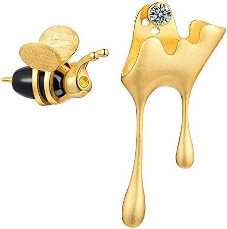 Lotus Fun S925 Sterling Silver Earrings Bee and Dripping Honey Asymmetric Stud Earrings for Women, Creative Handmade Unique Jewelry Gifts