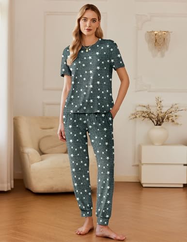 Image of Ekouaer Pajamas for Women Set 2 Pack Lounge Set Short Sleeve Pjs Joggers Long Pants Loungepwear with Pockets
