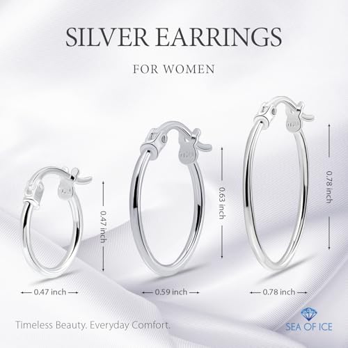 SEA OF ICE 925 Sterling Silver Hoop Earrings for Women - Hypoallergenic Earrings for Women in Sterling Silver, Yellow Gold, Rose Gold or Black Rhodium | Sizes 12MM, 15MM, 20MM or Multipack2