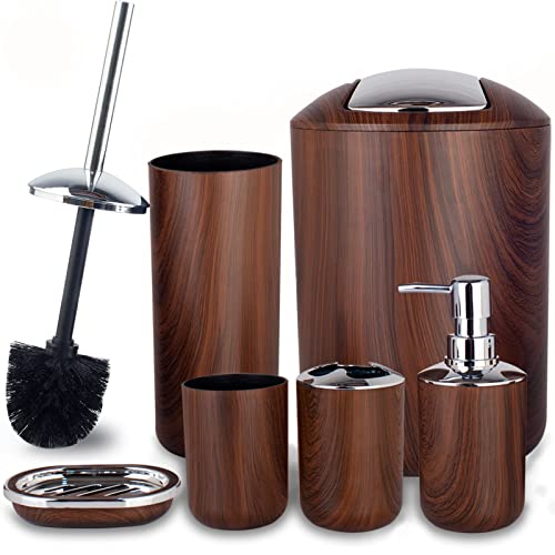 Bathroom Accessories Set 6 Piece Plastic Bath Ensemble Soap Dispenser Toothbrush Holder, Tumbler Soap Dish Soap Saver Trash Can Toilet Brush Holder Decorative Countertop Bathroom Accessoy Set (Brown) #TOP1