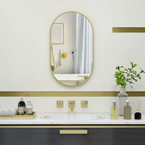 HOMCOM Espejo de Baño Ovalado 40x70 cm con Marco de Aluminio Espejo de Pared Decorativo Horizontal o Vertical para Salón Entrada Pasillo Dorado