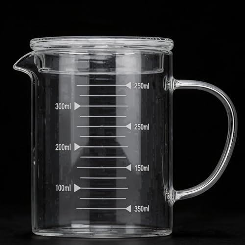 Glass Measuring Cup Jugs with Lid Borosilicate Graduated Glass Mug with Handle Pour Spout Clear Scale Mixing Beaker Microwave Cooking Baking Measuring Tool Measure Wine Milk Tea Coffee Cook 350ml