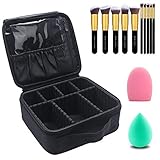 Makeup Case Cosmetic Bag Travel Makeup Train Case Black with 10 Pcs Premium Makeup Brushes Set Kit Gold, Blender Sponge and Brush Egg Good Gift Set For Woman and Girl (Black 13 Pcs)