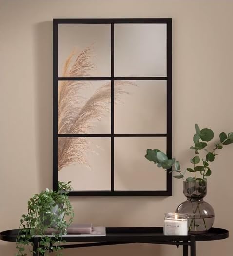 Window Style Wall Mirror Durable Frame Indoor/Outdoor Living Collection Rectangular Wall Mirror 50X76Cm (Black)