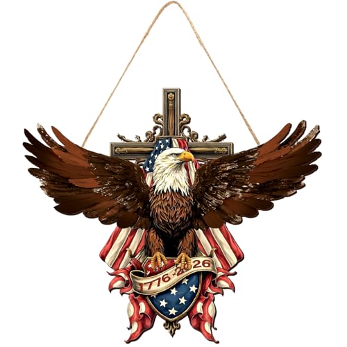 Anglechic 250th Anniversary 4th of July Eagle Wreath for Front Door 1776-2026 Commemorative Hanging Door Sign Patriotic Wooden Plaque for American Independence Day Home Memorial Day Decor