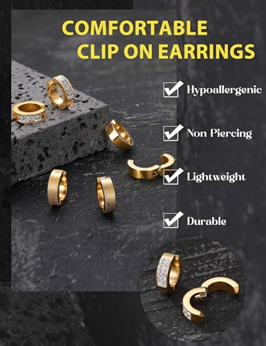 Jstyle 3 Pairs Stainless Steel Mens Womens Hoop Earrings Clip On CZ Non-Piercing3